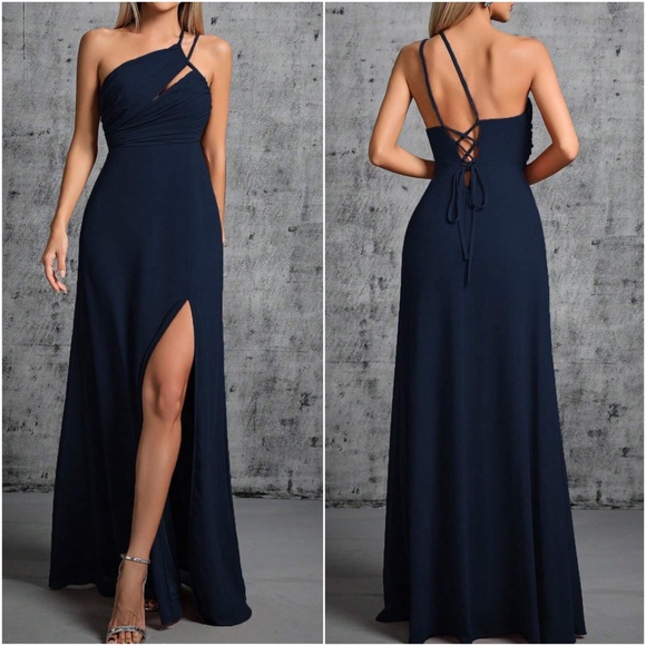 Luxe One Shoulder Lace up Back Maxi Dress - Picture 3 of 4